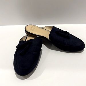 Crown & Ivy navy blue suede slip on mule slide with tassel size 10